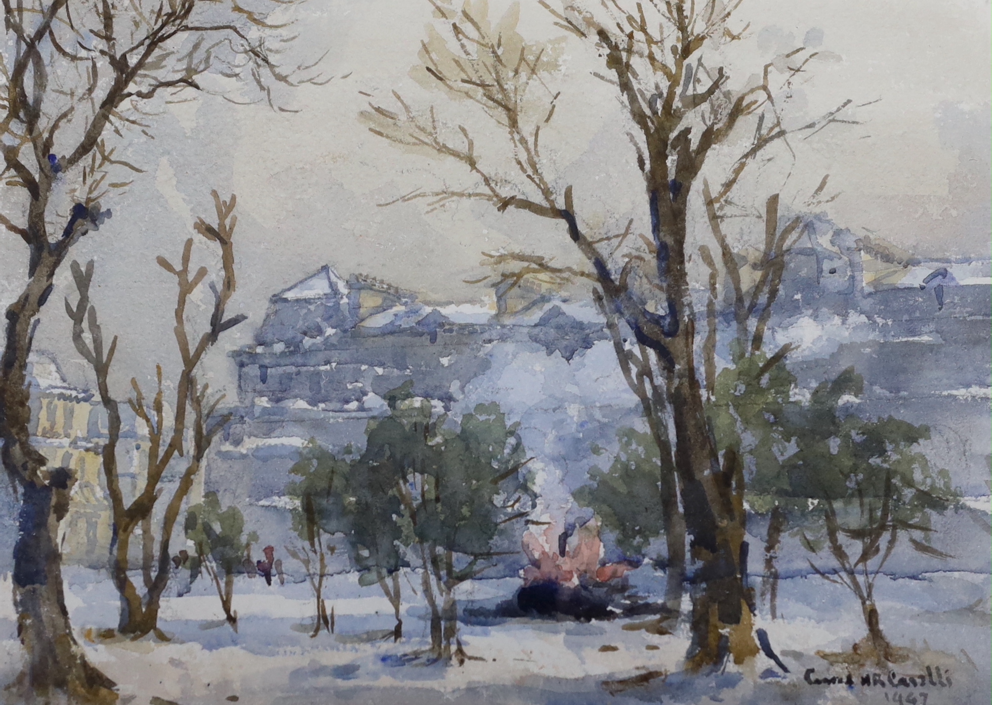 Conrad H. R. Carelli (1869-1956), watercolour, Bonfire in a London Square, signed and dated 1947, 24cm x 17cm